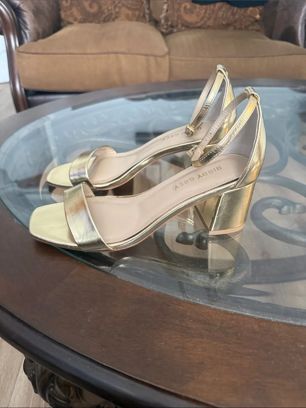 Birdy Grey Gold Block Heel Ankle-Strap Sandals